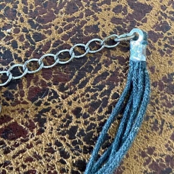 Necklace Three Tiered Black Rope/Matte Silver Tone Chain With Oblong beads - Picture 6 of 11